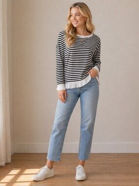 Anthropologie Left of Center Black & White Striped Asymmetrical Knit Tunic Top